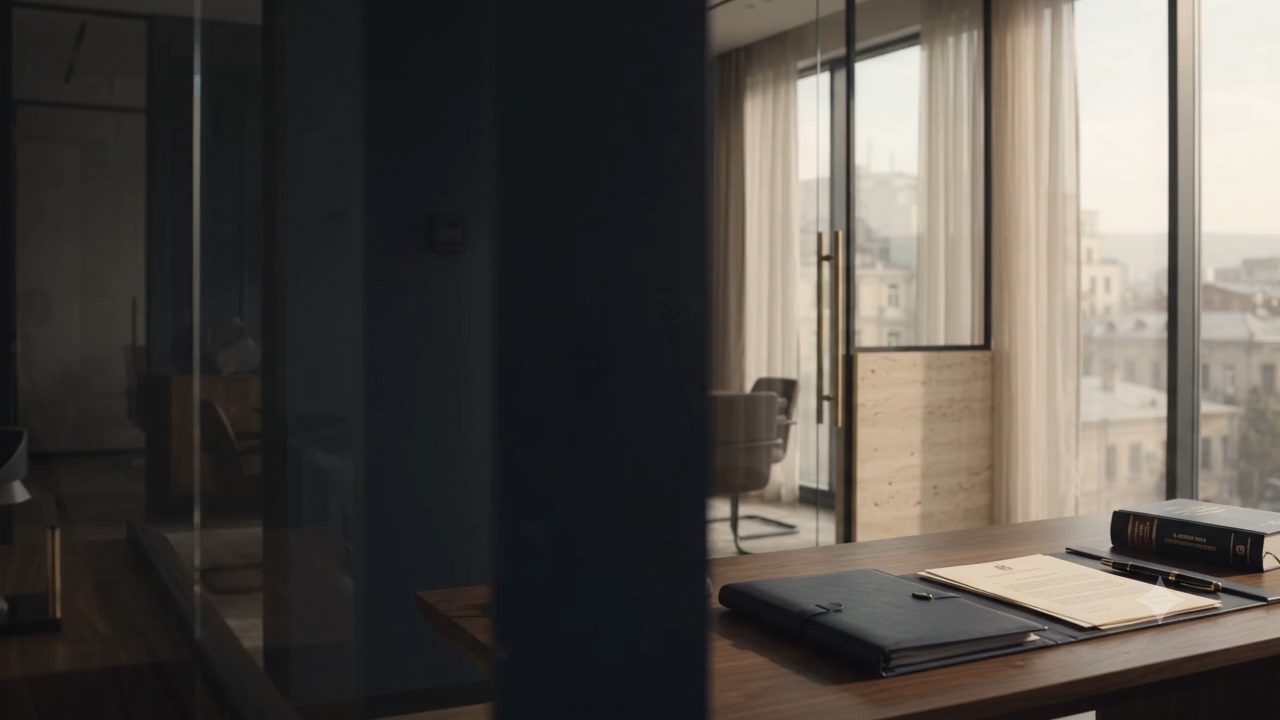 Interior of a modern law office with a city view